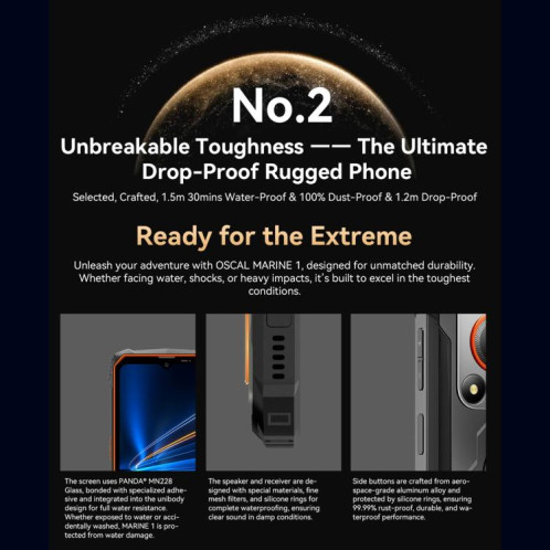  Blackview Oscal Marine 1, 4 Go + 128 Go, écran 6,56 pouces, Android 15, processeur Unisoc UMS9230E T615 Octa Core, réseau : 4G, OTG, NFC (orange) SB101A987-050